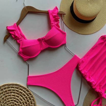 Solid Wavy Fabric Low Waist Bikini Set Cover Up Swimsuit For Women Push Up Ruffle Three Pieces Swimwear 2025 Beach Bathing Suits