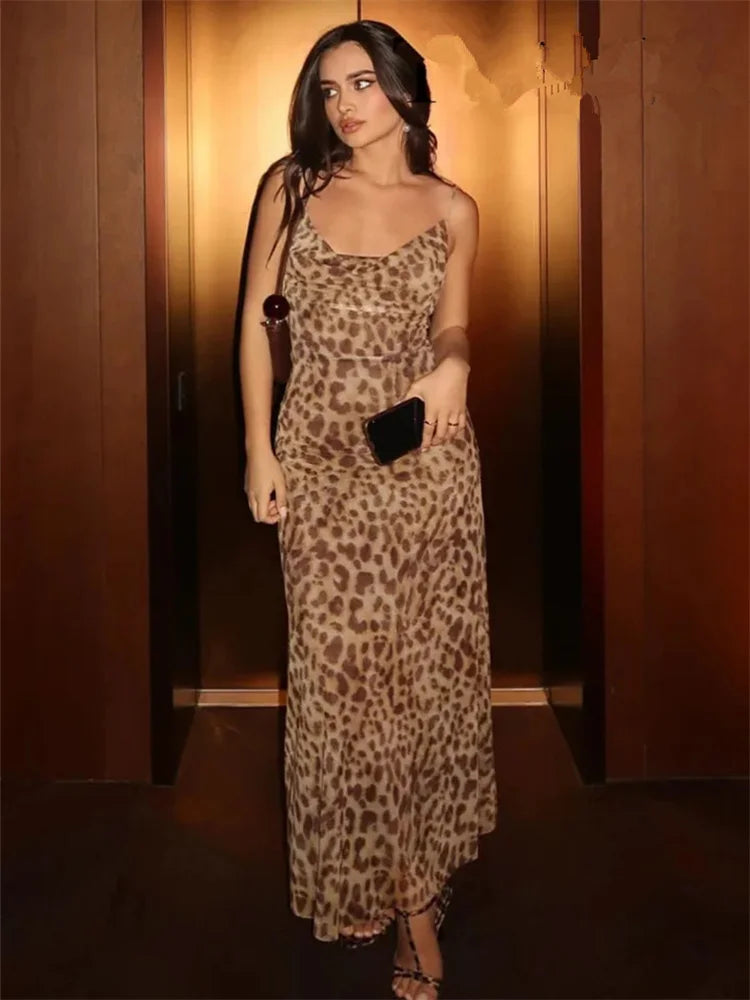 MUJER Leopard Print Tulle Slip Dress Woman Backless Summer Long Dresses For Women Vintage Sexy Party Dresses Midi Holiday Dress