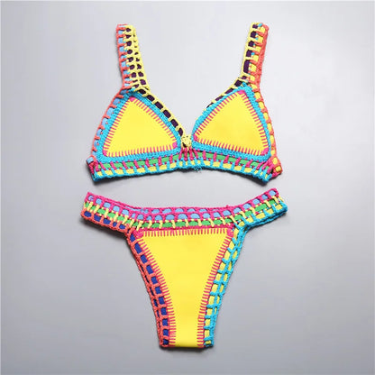 Women Handmade Crochet Knit Swimwear Halter Patchwork Bathing Suit Swimsuit Biquini Thong Bikini traje de bano