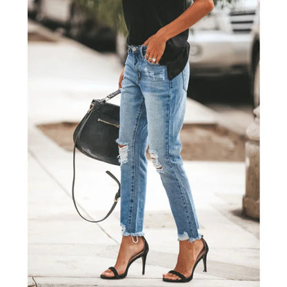Washed Ripped Straight-leg Jeans. Four Seasons New Fashionable, Personalized, Casual and Comfortable 9-inch Jeans for Ladies