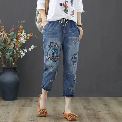 y2k Embroidery Ankle-Length Baggy Jeans Elastic High Waist Capris Lace Up Harem Denim Pants Women Vaquero Oversized 4xl Pantalon