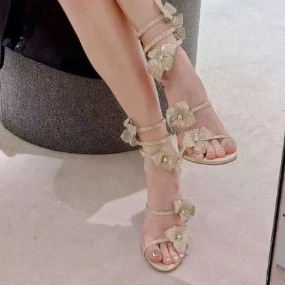 CHMURY Pink Flower Rhinestone High Heels Sandals Shoes Sexy Rose Red Luxury Designer with Wrap Strap  for Women Prom Party 2024