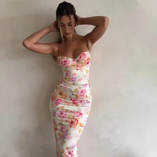 Summer 2025 Women's Floral Print Maxi Dress Sleeveless Beach Style Spaghetti Strap Slim Fit Long Dress for Birthday Party