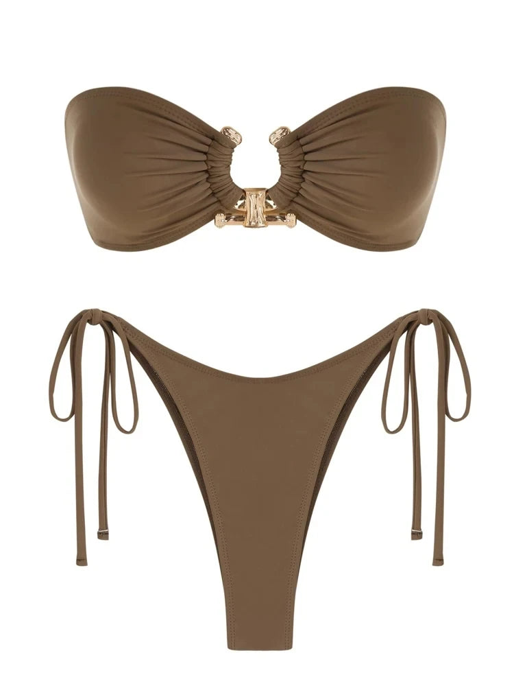 Solid O Ring  New Swimsuit For Women Tie Side Shiny Metal Hardware Ring Bandeau Bikini Swimwear Padded Bra Top Low Waisted