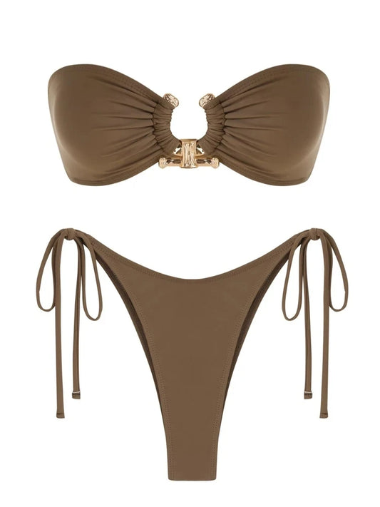 Solid O Ring  New Swimsuit For Women Tie Side Shiny Metal Hardware Ring Bandeau Bikini Swimwear Padded Bra Top Low Waisted
