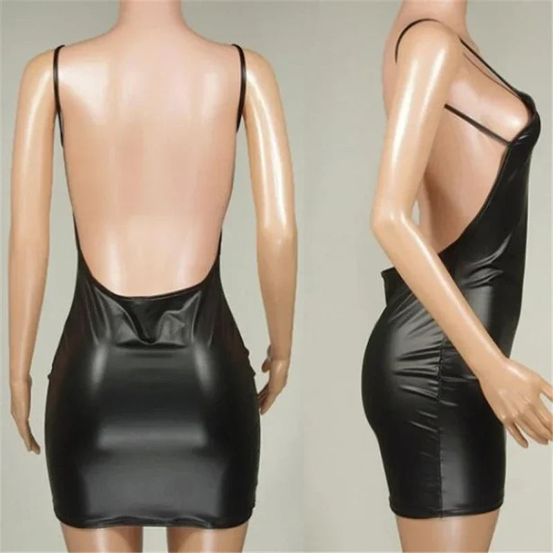 Sexy Faux Leather Dress Backless Club Party Short Dresses Solid Black Wet Look Latex Bodycon Push Up Bra Mini Micro Dress