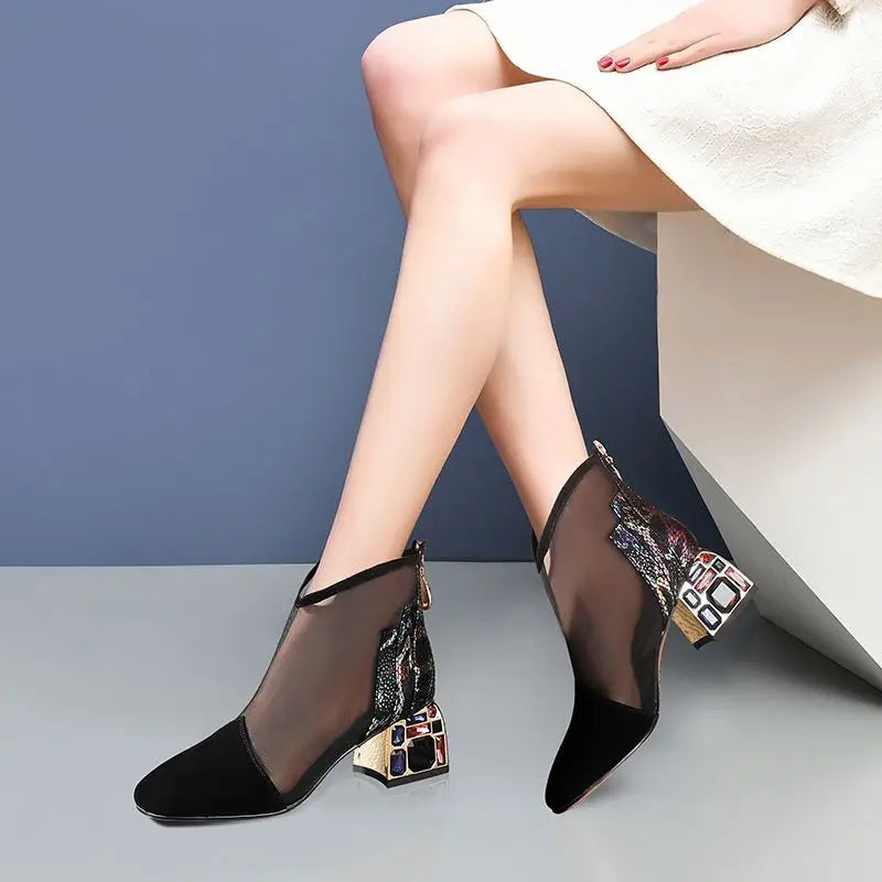 New Mesh Sandals Summer Women's Ankle Boot Mid Heel Rhinestone Toe Shoes Women's heels Luxury Sexy Women