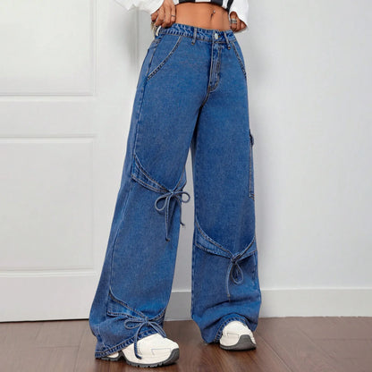 Fashionable lace-up straight-leg jeans. Women's four seasons new Design sense casual loose high-waisted workwear wide-leg jeans