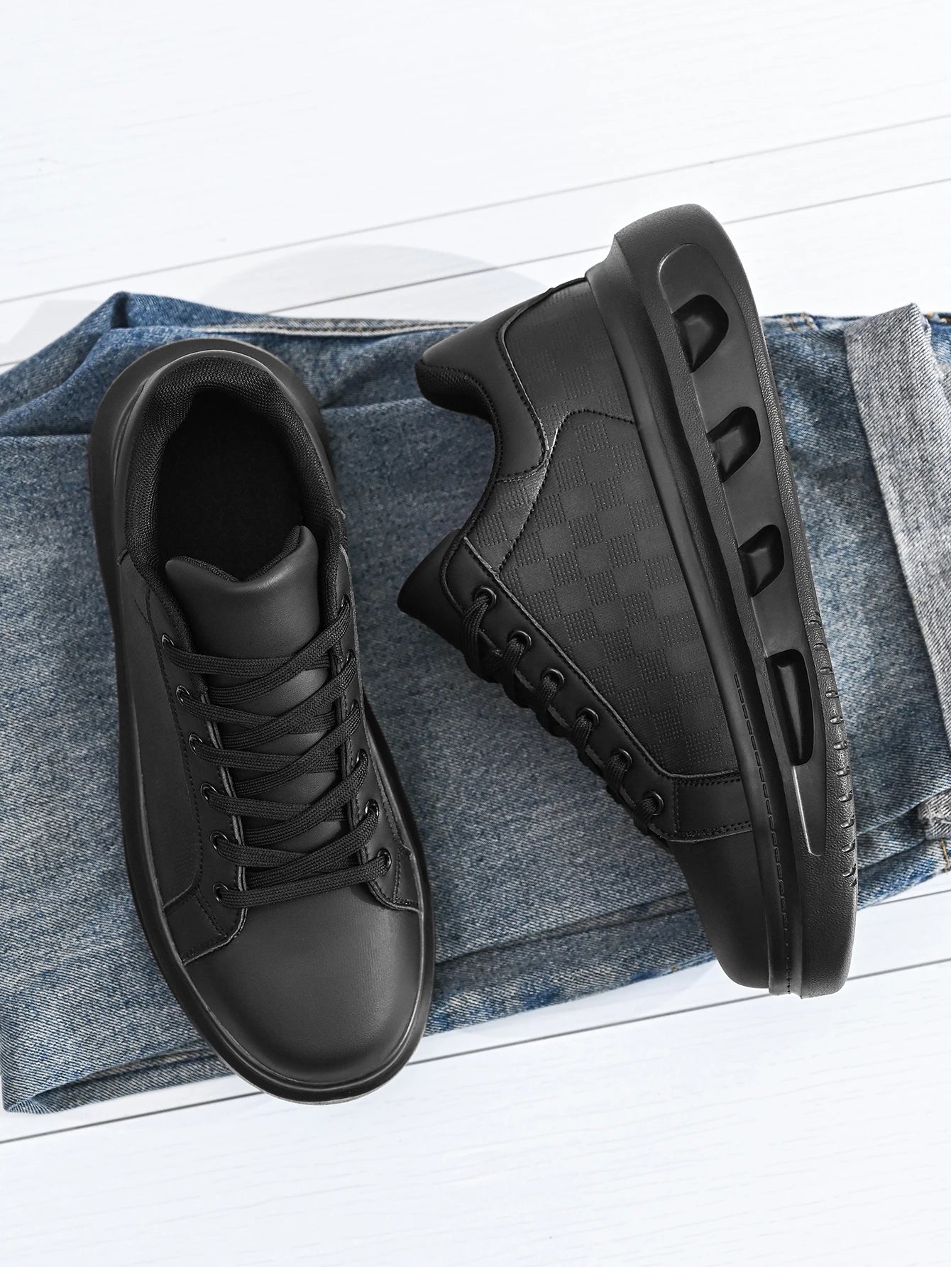 Men's Classic Black Small Square Comfortable Couple's Versatile Shock-Absorbing Sneakers, Fashionable Outdoor Travel Lace-Up Leather Splicing Street Flats Shoes Casual Shoes