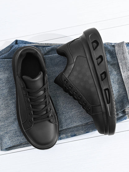 Men's Classic Black Small Square Comfortable Couple's Versatile Shock-Absorbing Sneakers, Fashionable Outdoor Travel Lace-Up Leather Splicing Street Flats Shoes Casual Shoes