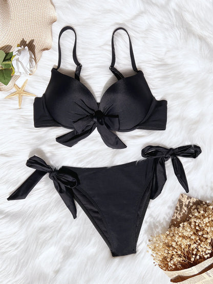 sexy front bow knot push up bikinis two pieces solid swimsuit tie bikini swimsuit Swimwear Biquini conjunto de bikini tankini