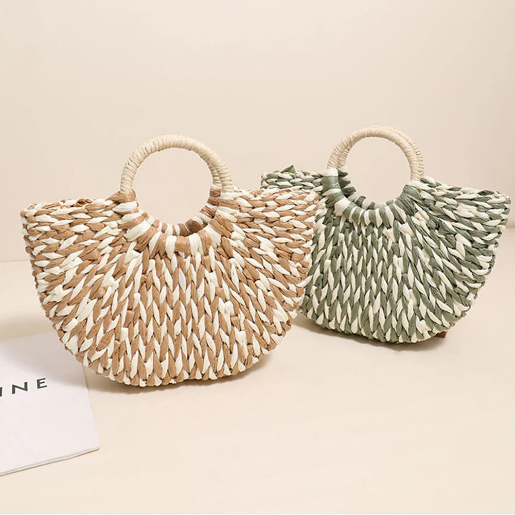 Women Straw Tote Handbag Large Capacity Half-Round Handbag Color Clash Semicircle Weaving Bag Summer Beach Handbag