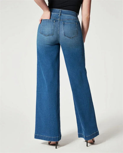 Stretch Elasticated Waist Wide Leg Jeans Women Fashion Chic Flared Trousers Loose Female Comfortable Commuter Casual Denim Pants