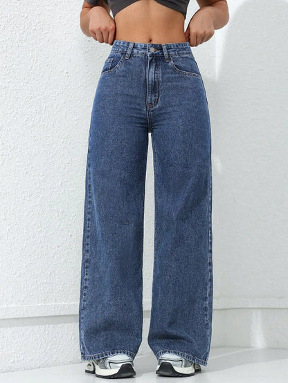 Retro Loose Wide Leg Jeans Fashion Women Solid Straight Wash High Elastic Waist Denim Pants Casual Streetwear Pocket Trousers