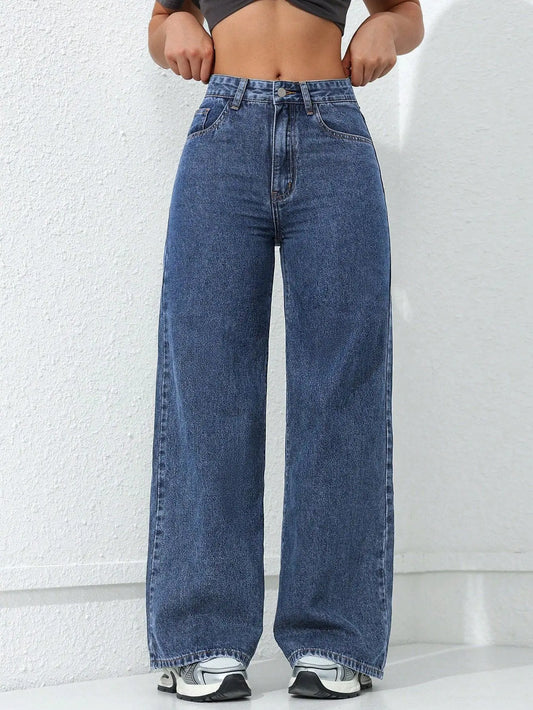 Retro Loose Wide Leg Jeans Fashion Women Solid Straight Wash High Elastic Waist Denim Pants Casual Streetwear Pocket Trousers