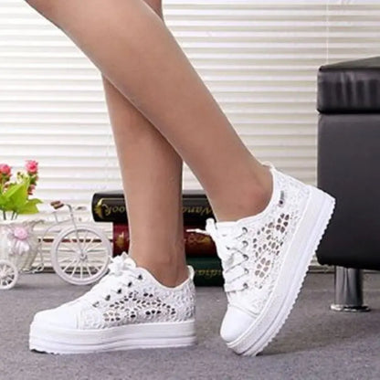 Fashion Summer Casual White Shoes Cutouts Lace Canvas Hollow Breathable Platform Flat Shoes Woman Sneakers