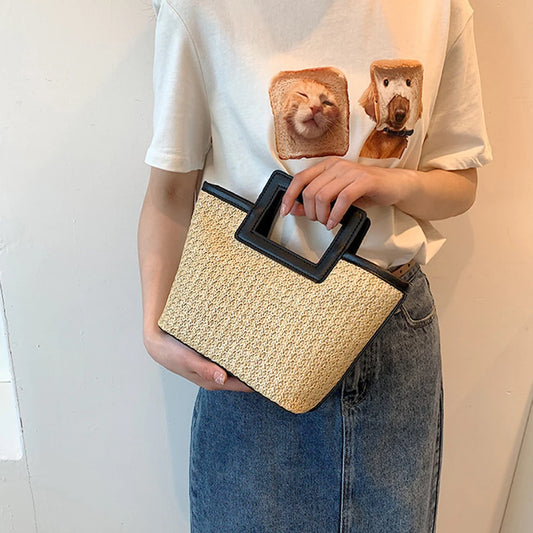 Women Casual Travel Handbag PU Leather Simple Straw Bag Large Capacity Versatile Weaving Bag Female Leisure Bag