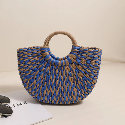 Women Straw Tote Handbag Large Capacity Half-Round Handbag Color Clash Semicircle Weaving Bag Summer Beach Handbag