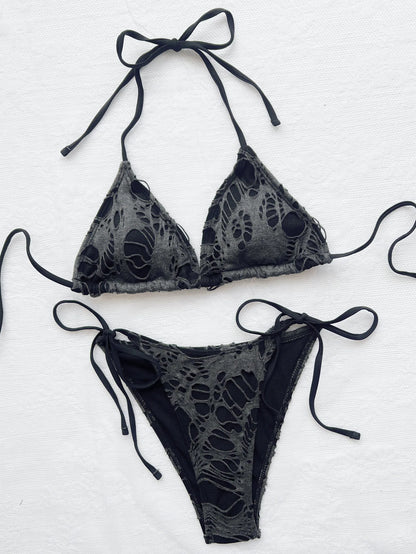 Gothic Micro Bikinis Y2K Torn Halter Strappy Lace Up Bathing Suits 2024 Woman Punk Beach Swimwear Side Bandage String Swimsuit