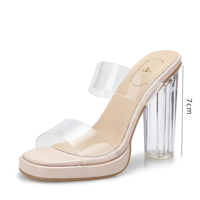 Women's High Heels, 2024 Summer New Waterproof Table with A Line Not Tired Feet Thick Crystal Slippers, Women's Shoes