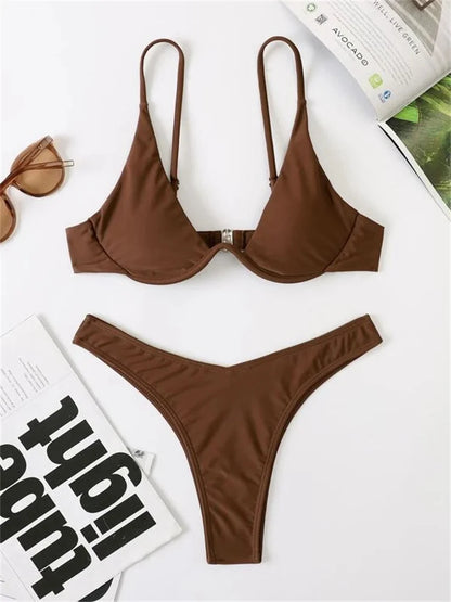 Sexy Underwire Bikini  Women Solid Red Push Up Bra Thong Swimsuit Haler V Neck Bathing Suit Mini Micro Thong Swimwear