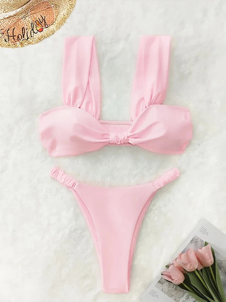 Fashion Sexy Vacation Bikini 2 Piece Set Women Solid Split Swimsuit High Waist Beach Bikini 2025 New Summer Swimwea Bikinis Set