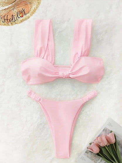 Fashion Sexy Vacation Bikini 2 Piece Set Women Solid Split Swimsuit High Waist Beach Bikini 2025 New Summer Swimwea Bikinis Set