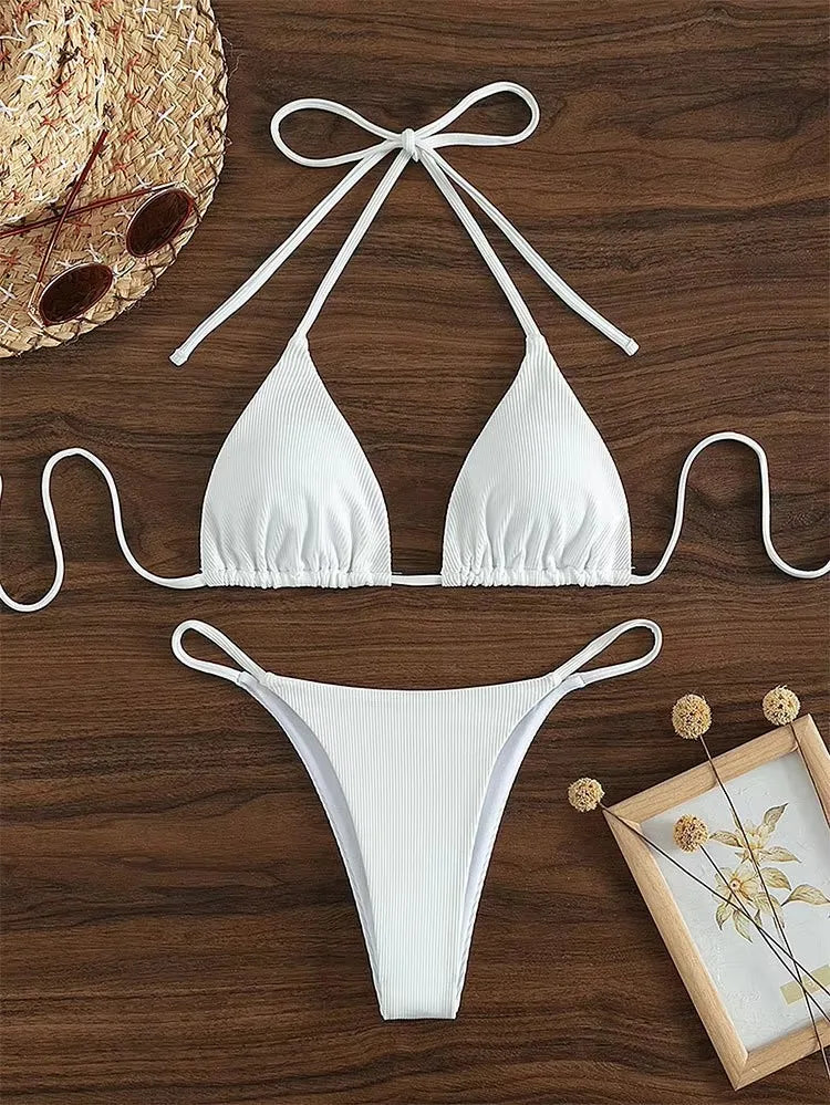 Special Pit Stripe Fabric Bikini Set Women Sexy Simple Solid Halter Bikini Swimsuit High Waisted Lace Up Beach Bathing Suit