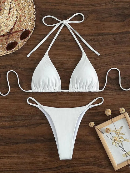 Special Pit Stripe Fabric Bikini Set Women Sexy Simple Solid Halter Bikini Swimsuit High Waisted Lace Up Beach Bathing Suit
