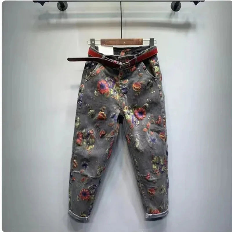 Autumn New Flower Print Jeans Women High-Waist Loose-Fit Denim Pants Large Size Personality Streetwear Harem Jeans Trousers Lady