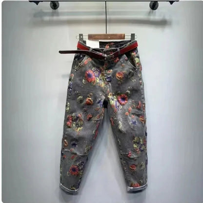 Autumn New Flower Print Jeans Women High-Waist Loose-Fit Denim Pants Large Size Personality Streetwear Harem Jeans Trousers Lady