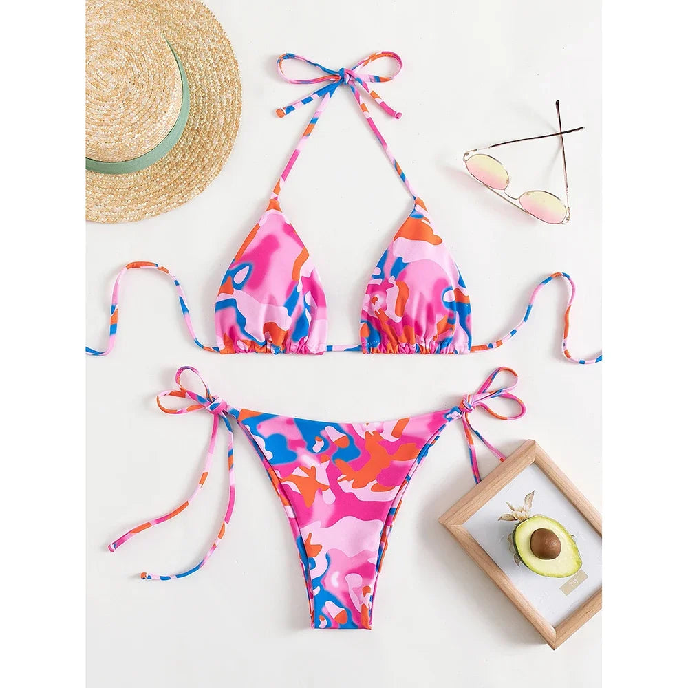 Tie Dye Micro Bikini 2025 Women Swimsuit Female Swimwear Thong Bathing Suits Sexy Bikinis Sets Lace Up Brazilian Halter Biquini
