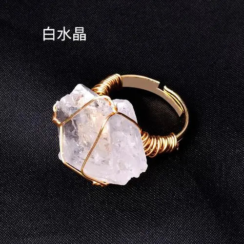 10-20mm Amethyst Rose Quartz Fluorite Natural Stone Irregular Gem Mineral Ring Jewelry Adjustable Hand Woven Ring