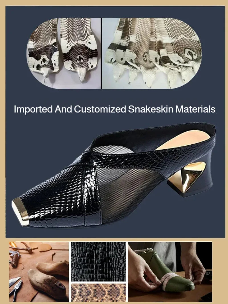 Women's outdoor sandals snakeskin thick heel mesh half slippers square toe sandals