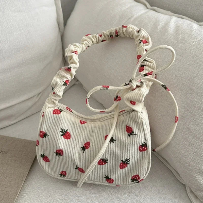 Women Small Underarm Bag Corduroy Handbag Cute Strawberry Print Little Tote Half Moon Design Eco Cloth Purse Mini Shoulder Bags