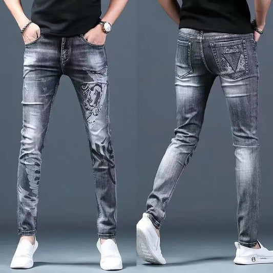 Trendy Luxury Clothing Men Korean Casual Denim Jeans Printed Patterns Slim Designer Spring Autumn Streetwear Cotton Trousers