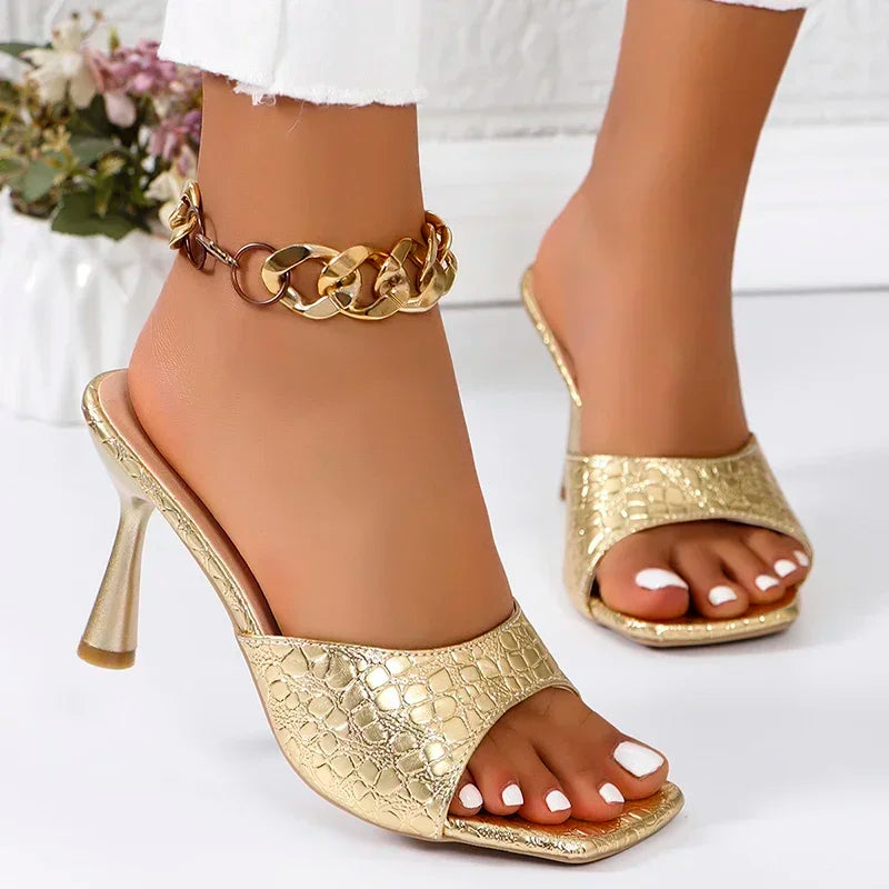 Luxury Gold Silver High Heels Sandals Women 2025 Slip On Square Toe Summer Slippers Woman Plus Size 43 Thin Heeled Party Shoes