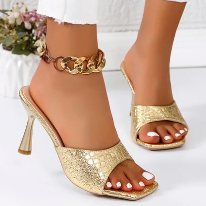 Luxury Gold Silver High Heels Sandals Women 2025 Slip On Square Toe Summer Slippers Woman Plus Size 43 Thin Heeled Party Shoes