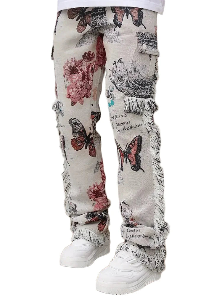 2025 Spring Summer Streetwear Jeans Mens Vintage Butterfly Print Straight Jean Pants Men Stylish Tassel Designer Denim Trousers