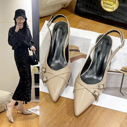 New Summer French Wine Red Pointed Patent Leather Mid-heel Overhead Sandals for Women Retro Skinny Heel Back Empty Shoes