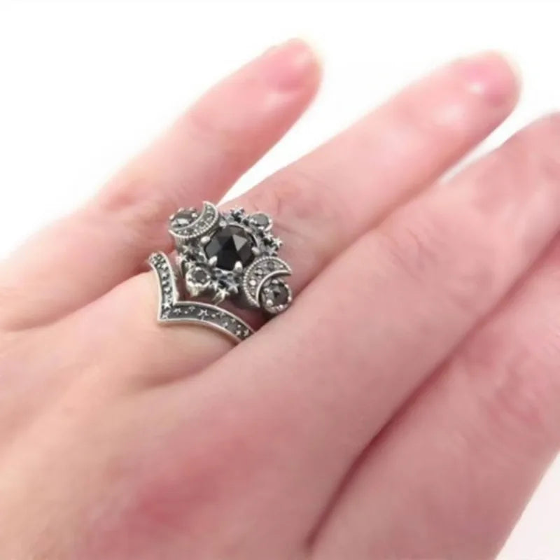 New Gothic Universe Moon Ring Set for Women Vintage Creative Pentagram Black Party Vacation Jewelry Best Halloween Gifts