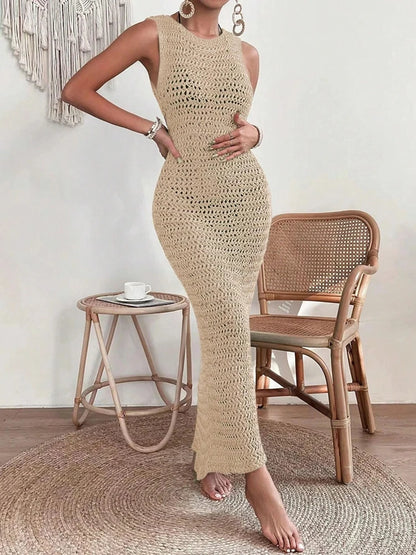 Fashionable and elegant hollow out dress with round neck and waist clip skirt, sleeveless slim fit woolen dress for women