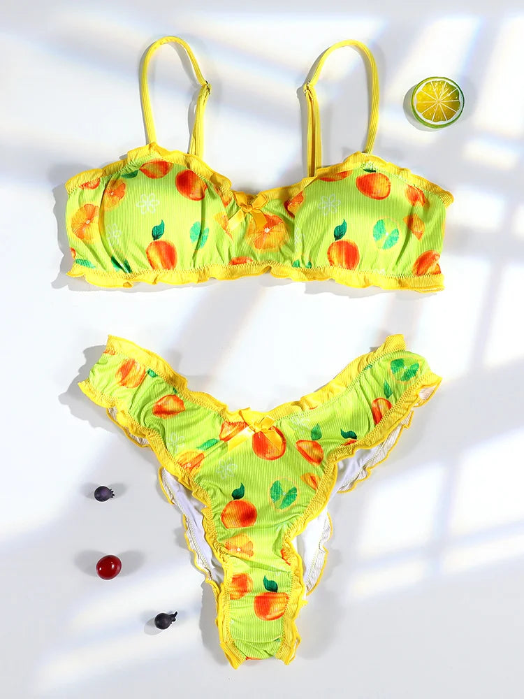 Miyouj Strawberry Bikini 2025 Swimsuits Ruffle Two Piece Suit Print Bathwear Low Waist Swimsuit Women Swimwear High Cut Bathsuit