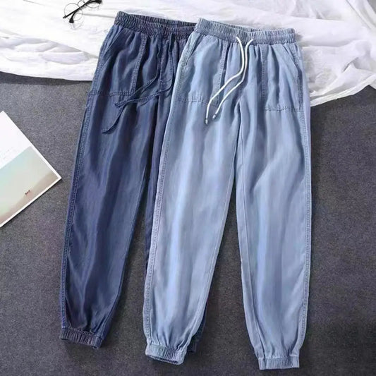 Summer Thin Ice Silk Jeans Women Elastic High Waist Drawstring Harem Pants Loose All-matched Beam Leg Nine Points Denim Pants