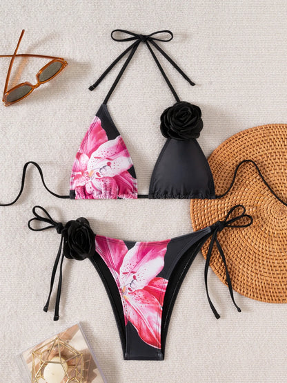New Flower Print Bikini Set Women's High Waist Long Skirt 3 Piece Swimsuit Sexy Mini Triangle Backless Thong Bathing Suit