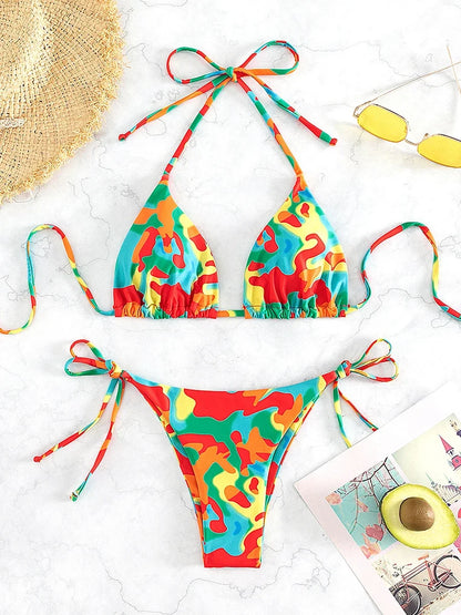Tie Dye Micro Bikini 2025 Women Swimsuit Female Swimwear Thong Bathing Suits Sexy Bikinis Sets Lace Up Brazilian Halter Biquini