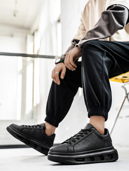 Men's Classic Black Small Square Comfortable Couple's Versatile Shock-Absorbing Sneakers, Fashionable Outdoor Travel Lace-Up Leather Splicing Street Flats Shoes Casual Shoes