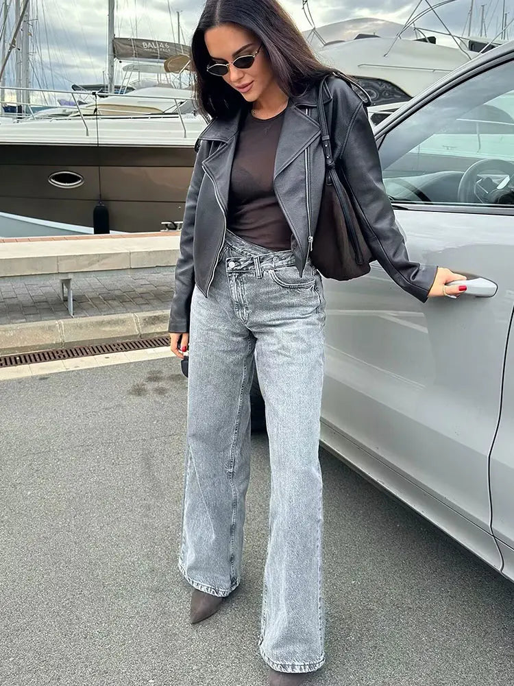 TRAFZA Women 2025 Fashion Straight Jeans Vintage Solid Casual High Waist Wide Leg Denim Pants High Street Lady Trousers Jeans