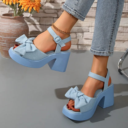 New Summer Comfortable and Elegant Casual Banquet High Heel Sandals Fashionable Temperament Bow Thick Heeled Women's Shoes