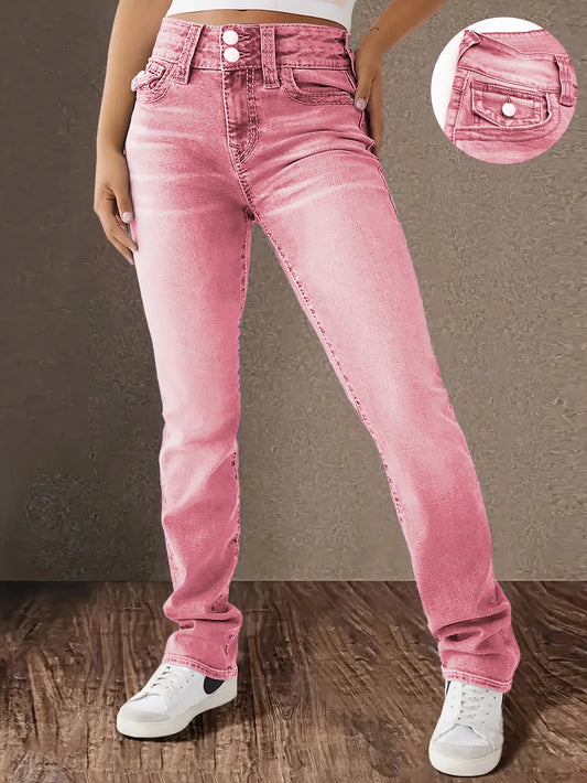 Women's stretch jeans pink wash, low-rise slim fit denim with hip lift effect, double-breasted placket, stylish and sexy jeans.